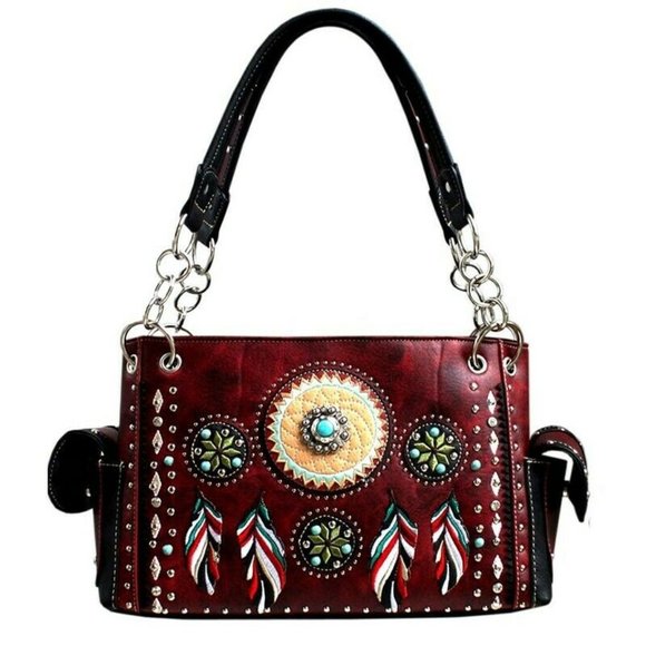 Handbags - Western Red Tribal Feather Embroidered Rhinestone Handbag